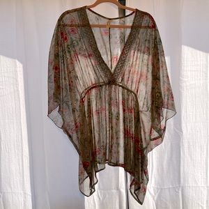 Sheer gray floral, batwing sleeve, elastic waist Chenault blouse